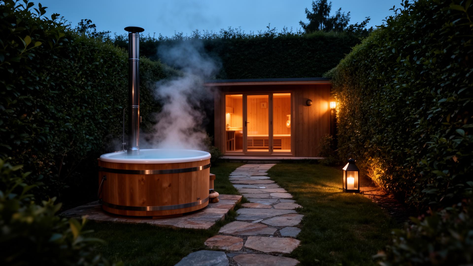 Private garden spa with hot tub and sauna at blue hour
